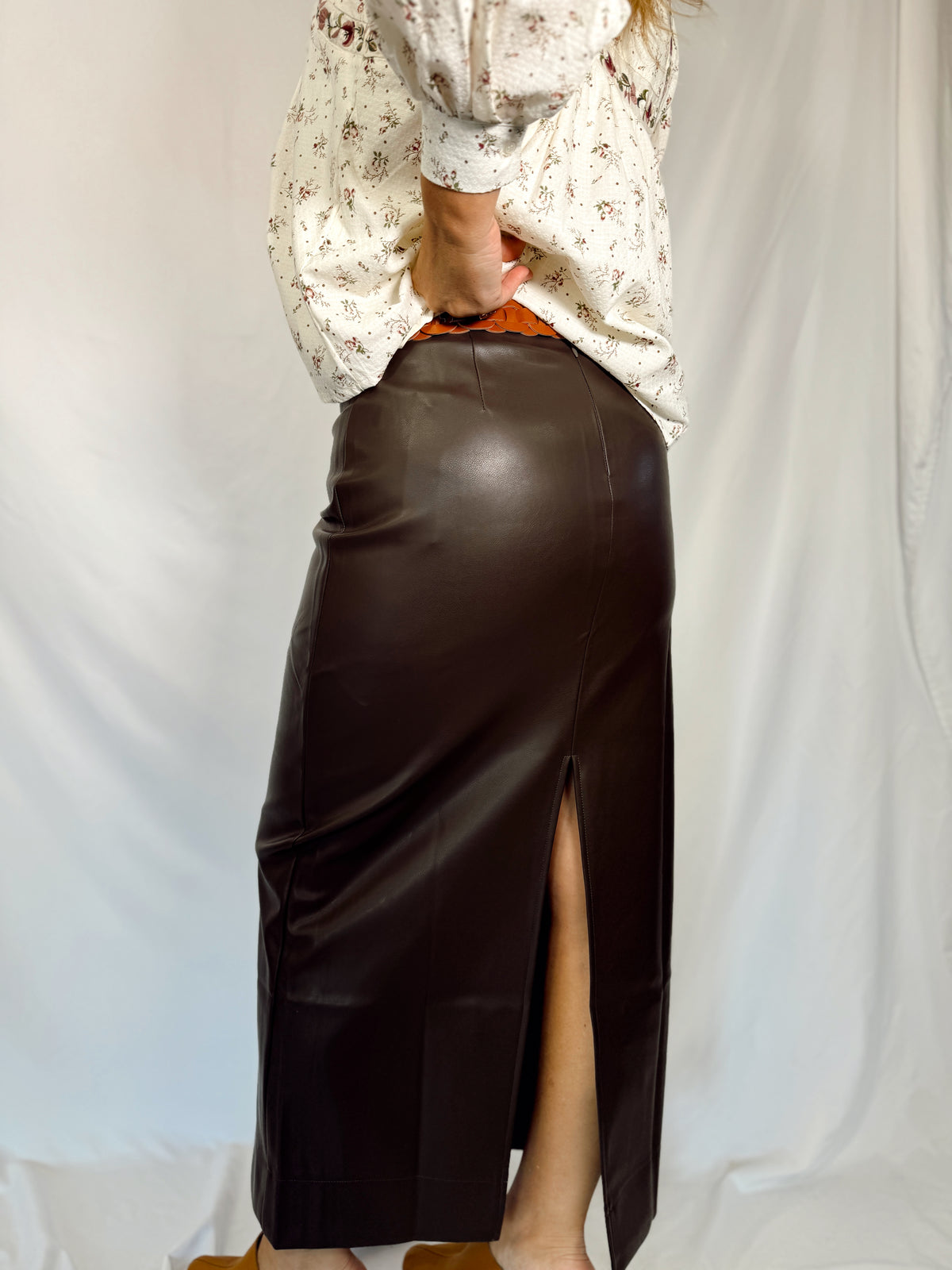 Faux Leather Back Slit Midi Skirt