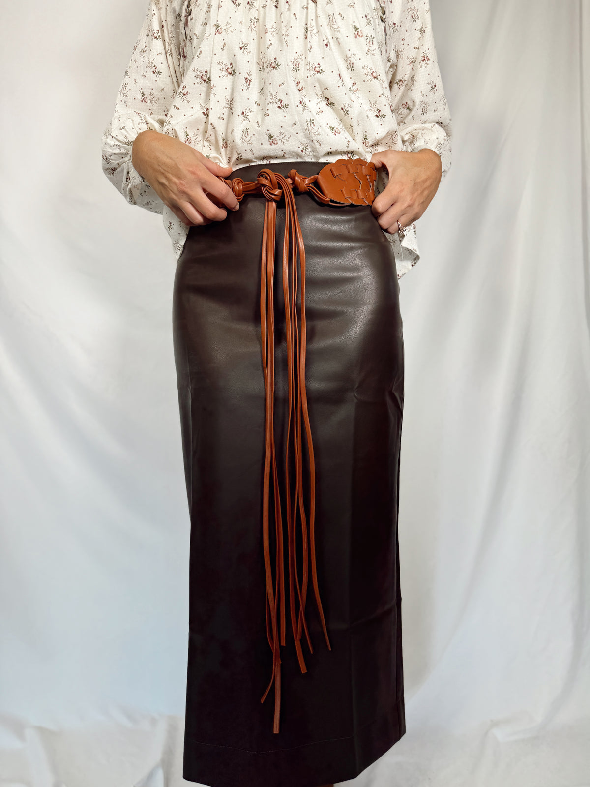 Faux Leather Back Slit Midi Skirt