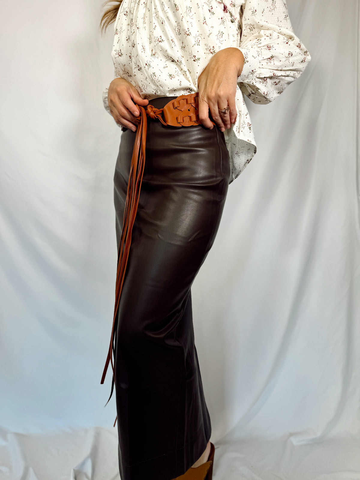 Faux Leather Back Slit Midi Skirt