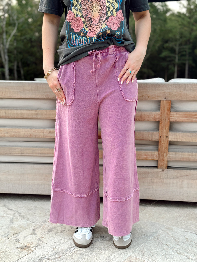 purple-wide leg-pants-comfy-soft-terry cloth-wide pocket-draw string