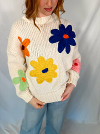 girl in flower sweater-flower sweater-sweater-knit sweater-colorful sweater