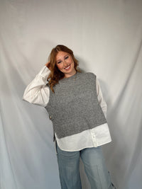 Sweater vest-grey-girl in sweater-white button up layered sweater