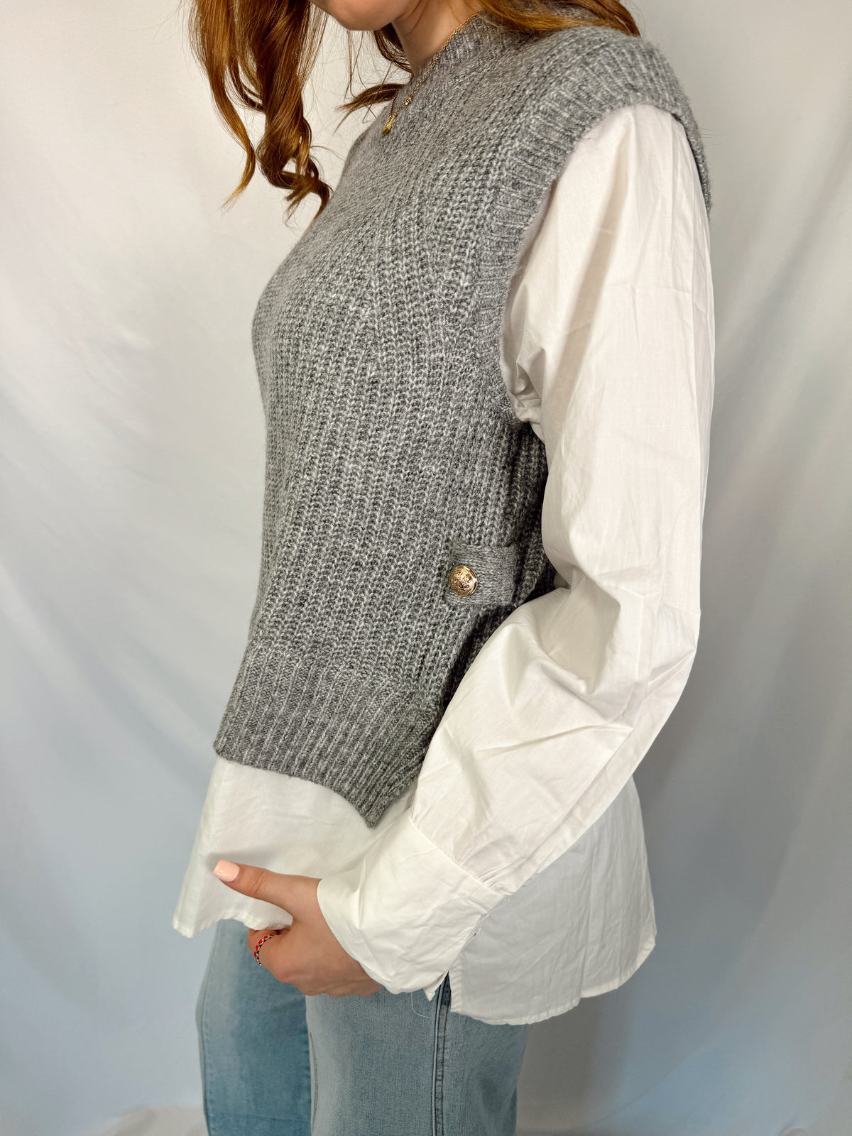 Sweater vest-grey-girl in sweater-white button up layered sweater