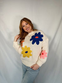 girl in flower sweater-flower sweater-sweater-knit sweater-colorful sweater