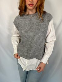 Sweater vest-grey-girl in sweater-white button up layered sweater