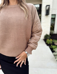 tan-khaki-knit-quilted pattern puff sleeve-stripped texture-fitted cuff sleeves