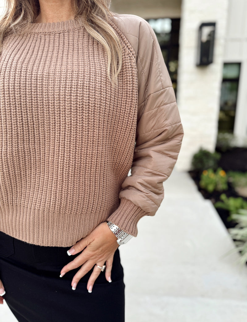 tan-khaki-knit-quilted pattern puff sleeve-stripped texture-fitted cuff sleeves